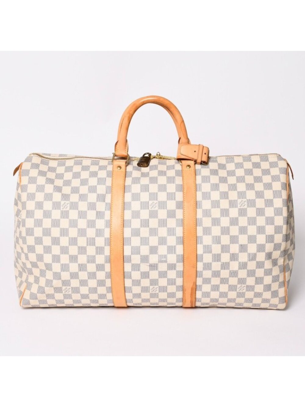Louis Vuitton Keepall 50 Boston Bag Damier Azur Canvas Vachetta Leather White